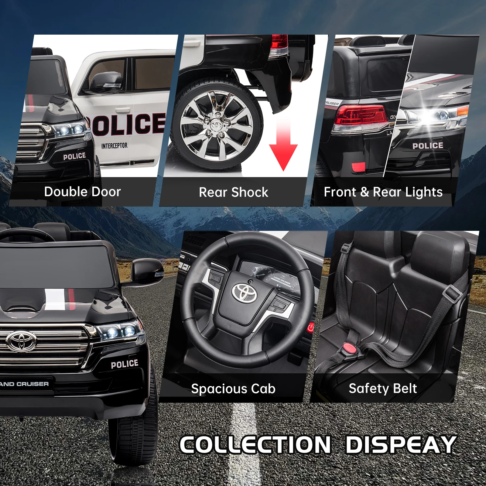 SUV per auto della polizia da 12 V, veicolo elettrico Toyota Land Cruiser con licenza con telecomando, 2 posti, 3 velocità per ragazzi e ragazze