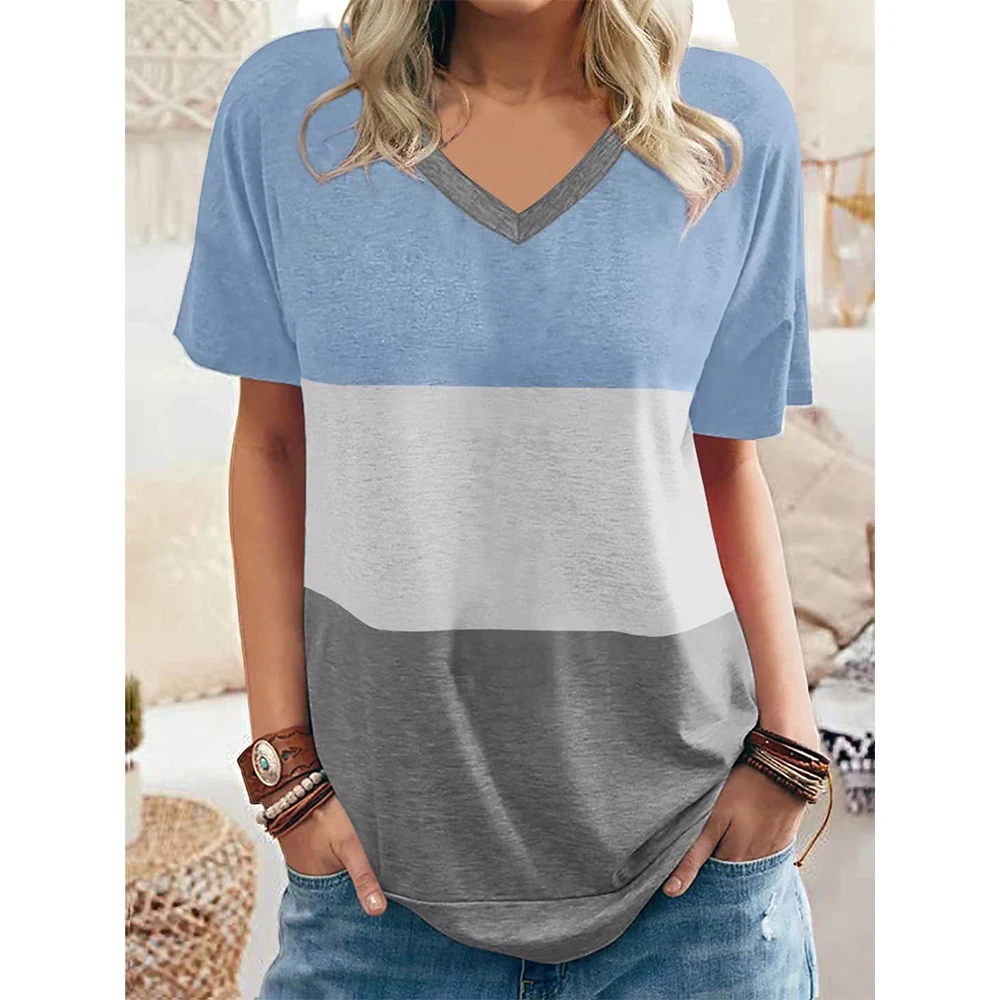 Women\'s T-shirt Simple Fashion V-neck Short Sleeve Stripe Print T Shirt For Ladies Harajuku Loose Clothing Female Pullover Tops