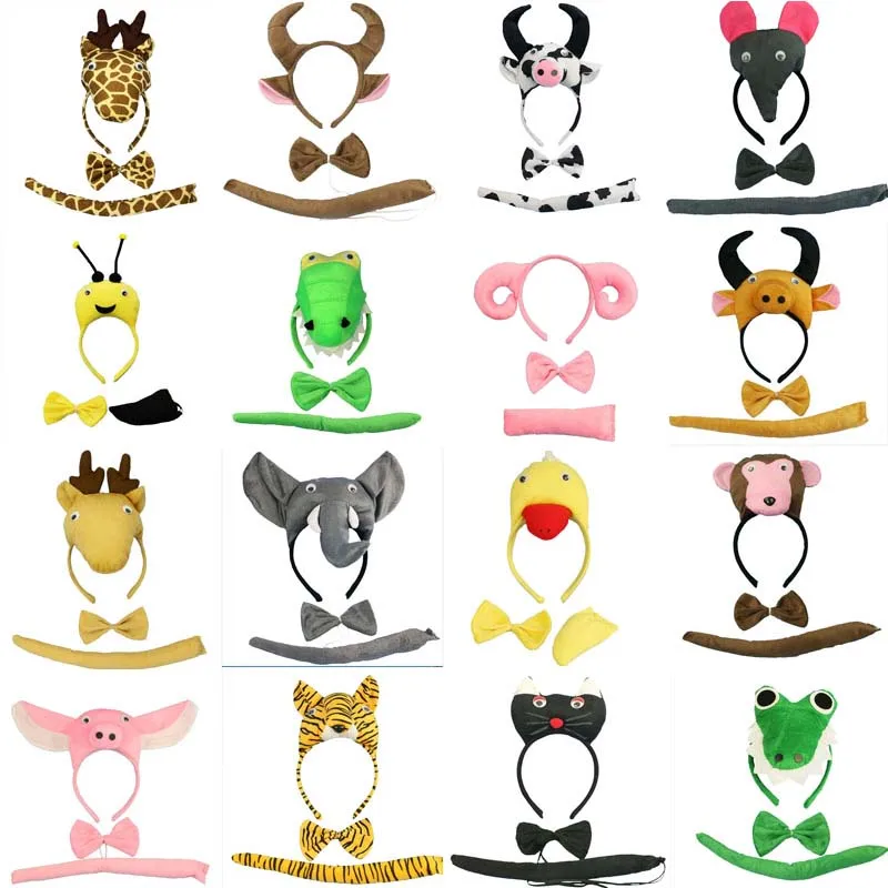 Adults Kids Plush Boy Girls Animal Ears Headband Tie Tail  Hair Accessories Birthday Party Cosplay Costume Christmas Halloween