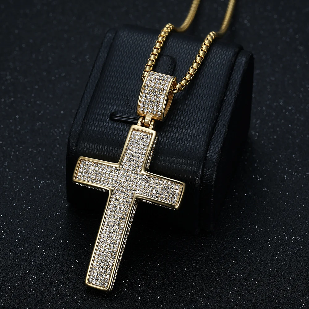

Hip Hop Iced Out Bling Big Jesus Cross Pendant Gold Color Stainless Steel Christian Necklace For Men Religious Jewelry Gift