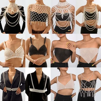 Retro imitation pearl shoulder bra chain Bikini top shawls for women festival underwear wedding chest body chain dress jewelry