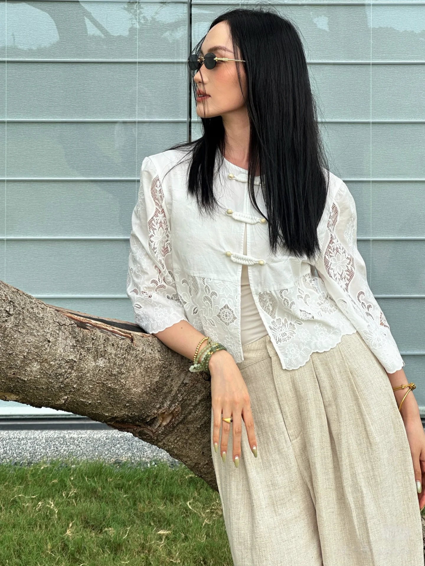 

Romantic Sle Embroidered Lace Mid-Sve round Ne Women's Top Breathable Cotton ort Length Open Cardigan Spring Summer