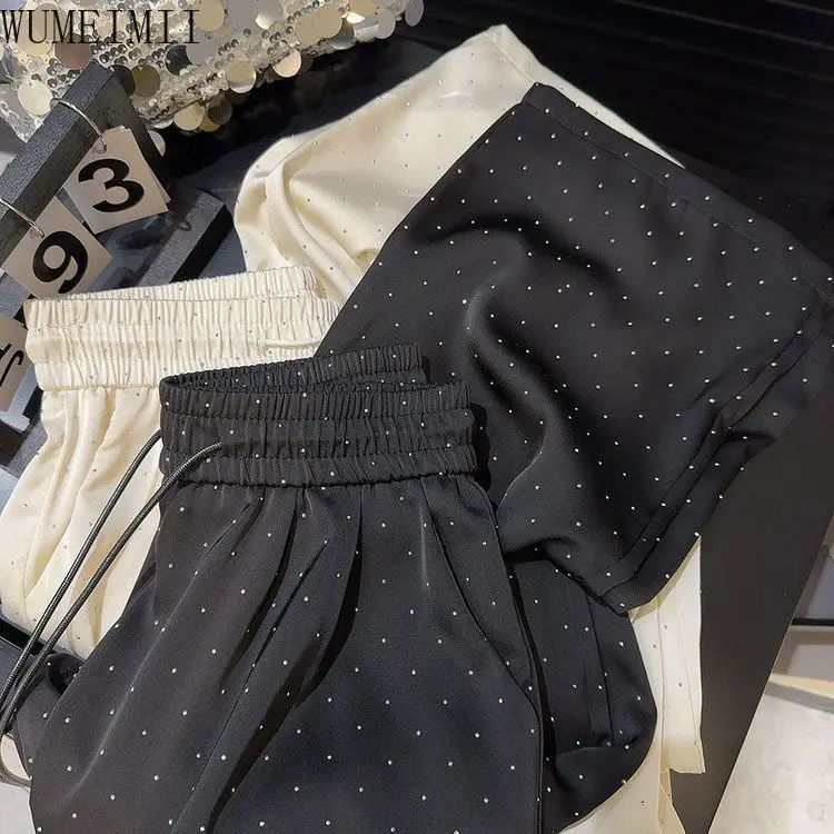 

High-end fashion satin gypsy women's pants new elastic high-waisted straight loose casual floor-mopping trousers