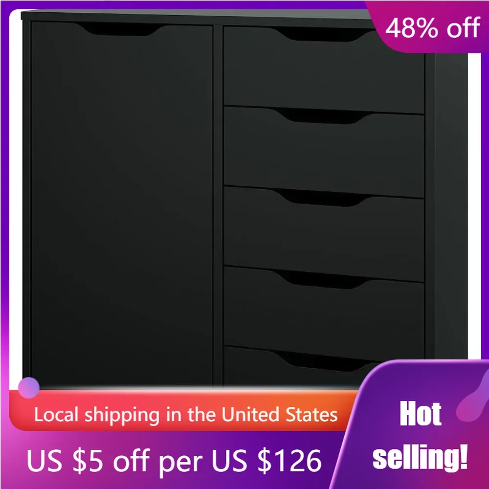 

5-Drawer Chest With 1 Door Storage Locker Wooden Chest of Drawers Storage Dresser Cabinet With Wheels Living Room Cabinets Shelf