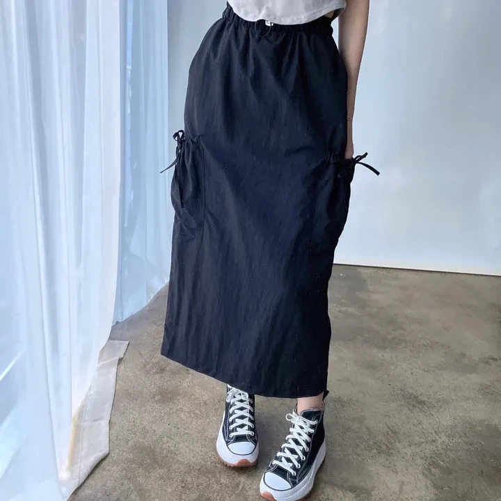 

Solid Color Simple Basic Woman Skirt Retro Casual Simple Chic Drawstring Women Skirt Ins Korean Black Pink Fashion Skirt Female