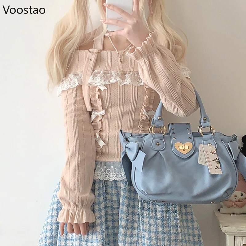 Vintage Kawaii Lolita Style Knitted Pullover Women Elegant Slash Neck Off Shoulder Bow Lace Ruffles Sweater Women Knitwear Tops