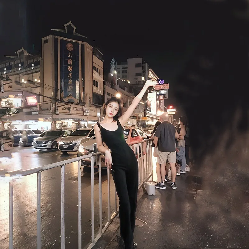 Combinaison noire élastique en forme de U pour femmes, col sans manches, bretelles, dos nu, pantalons longs décontractés, nouvelle collection printemps et été