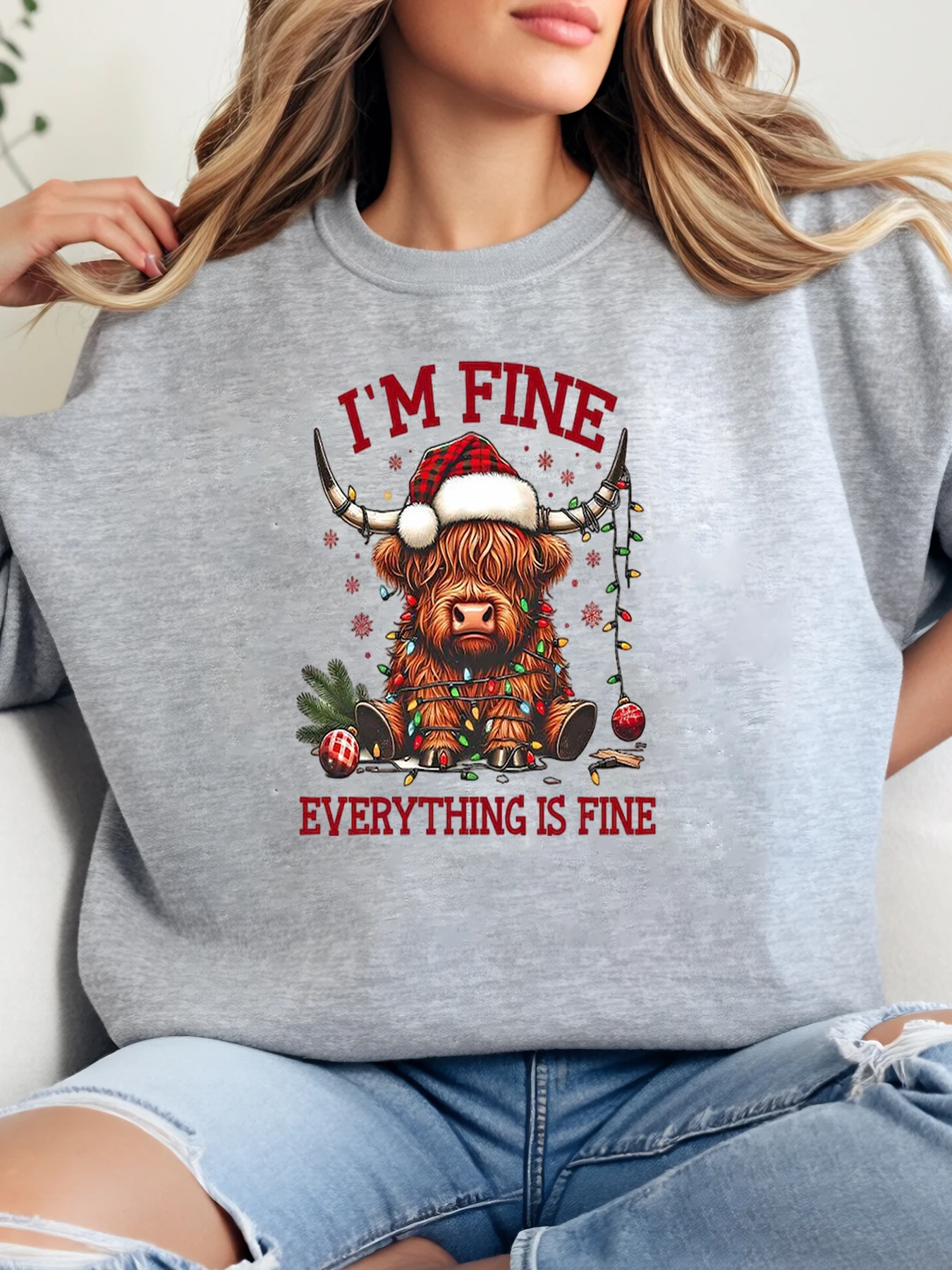 هايلاند بقرة عيد الميلاد طباعة أنا بخير كل شيء جيد عطلة البلوز المرأة لباس غير رسمي حفلة رمادي حجم كبير