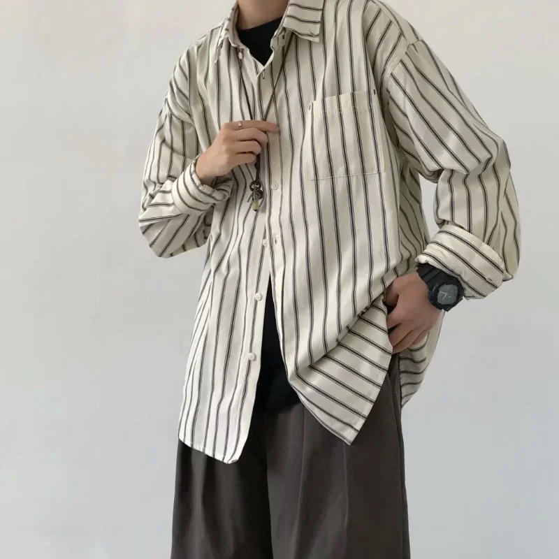 

Korean Fashion Unisex Stripe Shirt Men Long Sleeve Overlay Japanese Retro Top Design Wear Inside and Outside Spring and Autumn