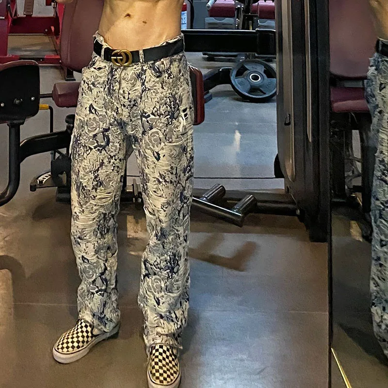 

Женские жаккардовые свободные джинсы, весна-осень, американский High Street, ретро, роскошный дизайн, сине-белые фарфоровые прямые джинсы