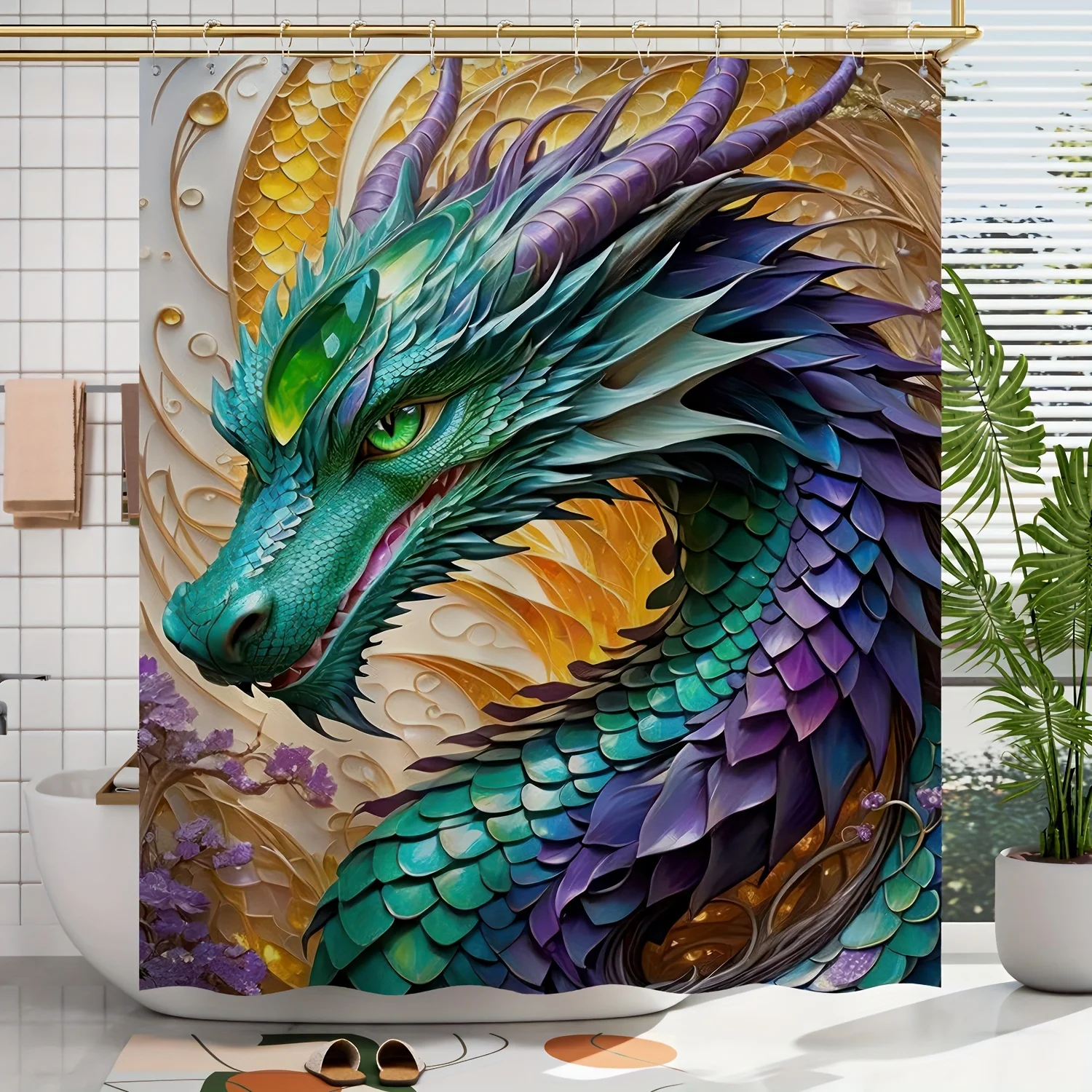 

1 шт., весна/лето, фэнтезийный узор дракона, занавеска для душа с цифровым принтом, домашний декор для ванной комнаты с бесплатными крючками, можно стирать в машине