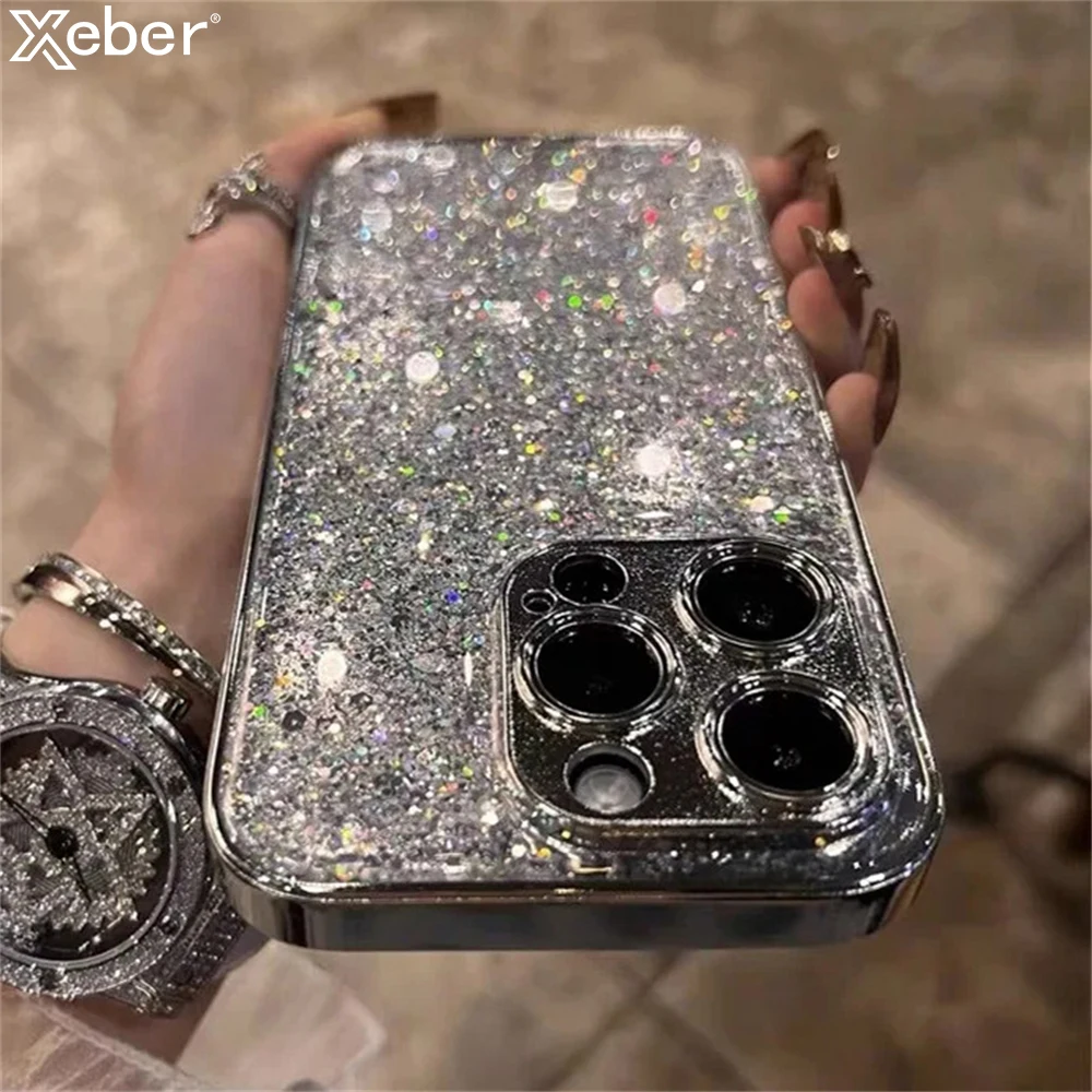 Etui Luxury Plating Frame Sparkle Glitter Sequins Rhinestones Case do iPhone'a 15 11 12 13 14 Pro Max Plus Ochrona aparatu Pokrowiec PC
