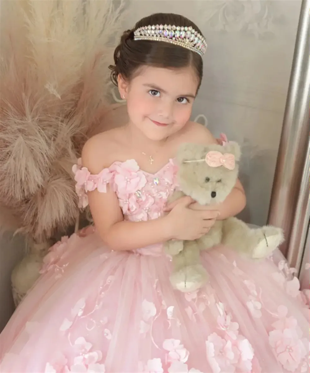 Robe de mariée à fleurs pour filles, avec des Appliques roses personnalisées, épaules dénudées, perles luxueuses, robe de fête d'anniversaire eucharistique pour enfants