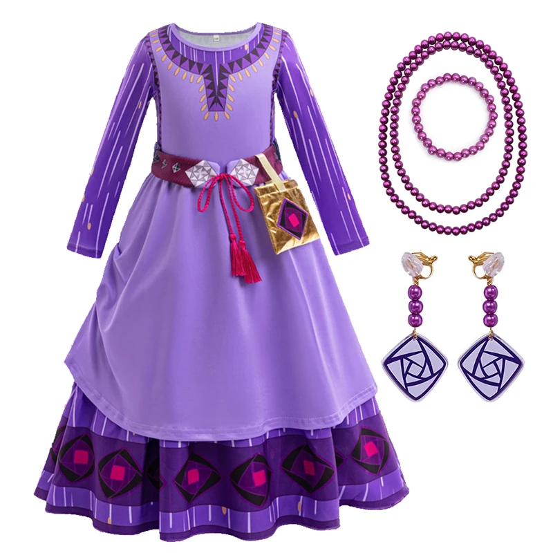 New Movie Wish Asha Costume For Girls Halloween Fancy Carnival Party Dresses Long Sleeve Cartoon Kids Cosplay Princess Dress