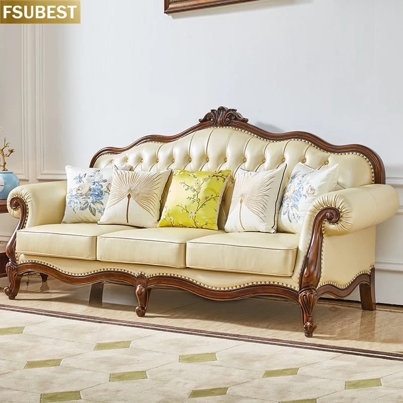 French Style Living Room High-end Fashion Solid Wood Carved Antique Three-person Sofa Custom Furniture sofas modernos para sala