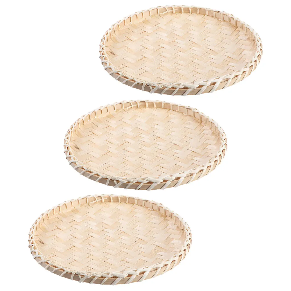 

3 Pcs Bamboo Weaving Dustpan Basket Versatile Storage Tray Fruit Food Flat Baskets Woven Practical Kitchen Room