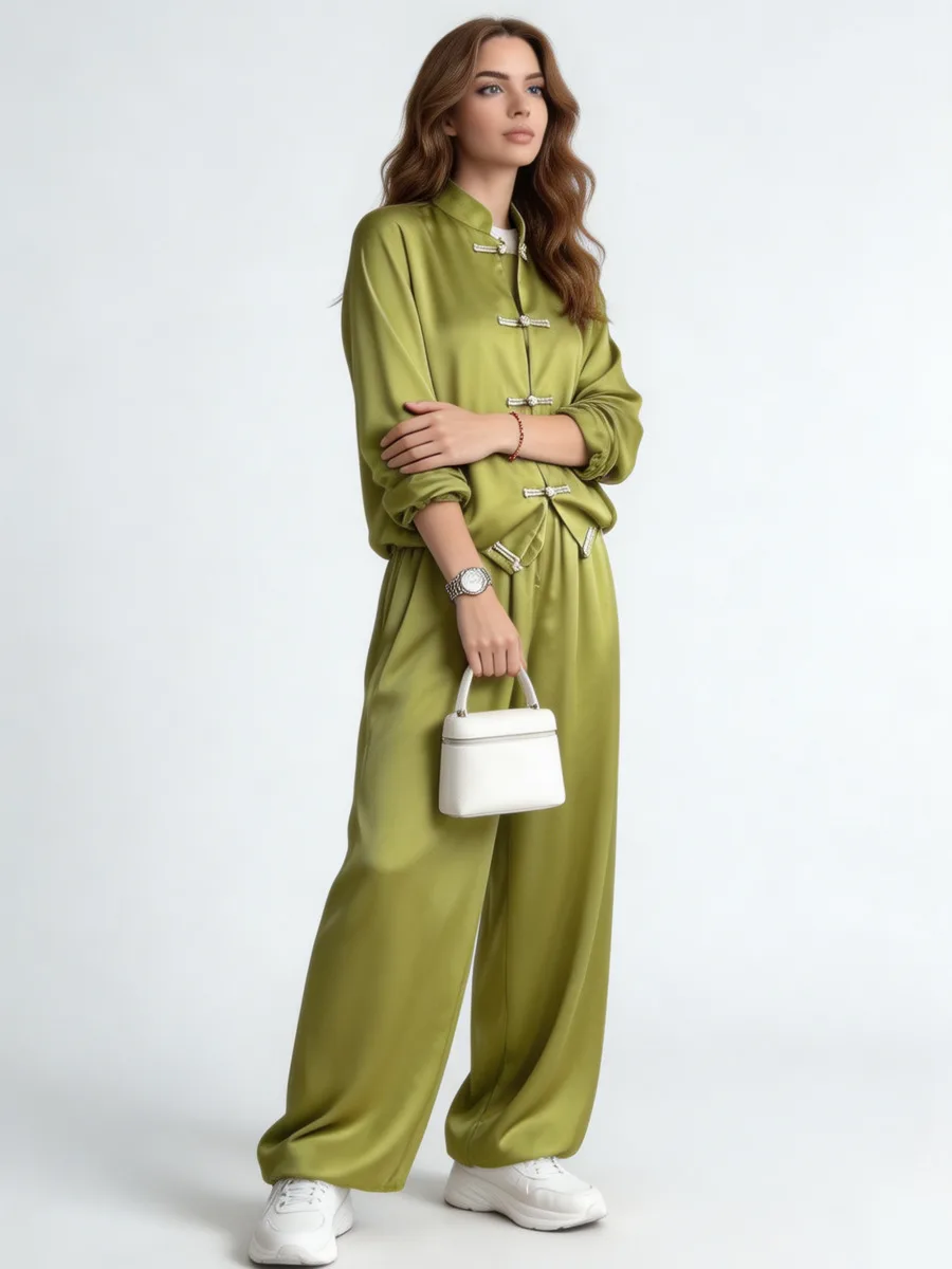 DFDG Women 2026 Chinese Style Two Piece Outfit Frog Button Stand Collar Jacket Elastic Waist Wide Leg Pants Set Casual Loose Set