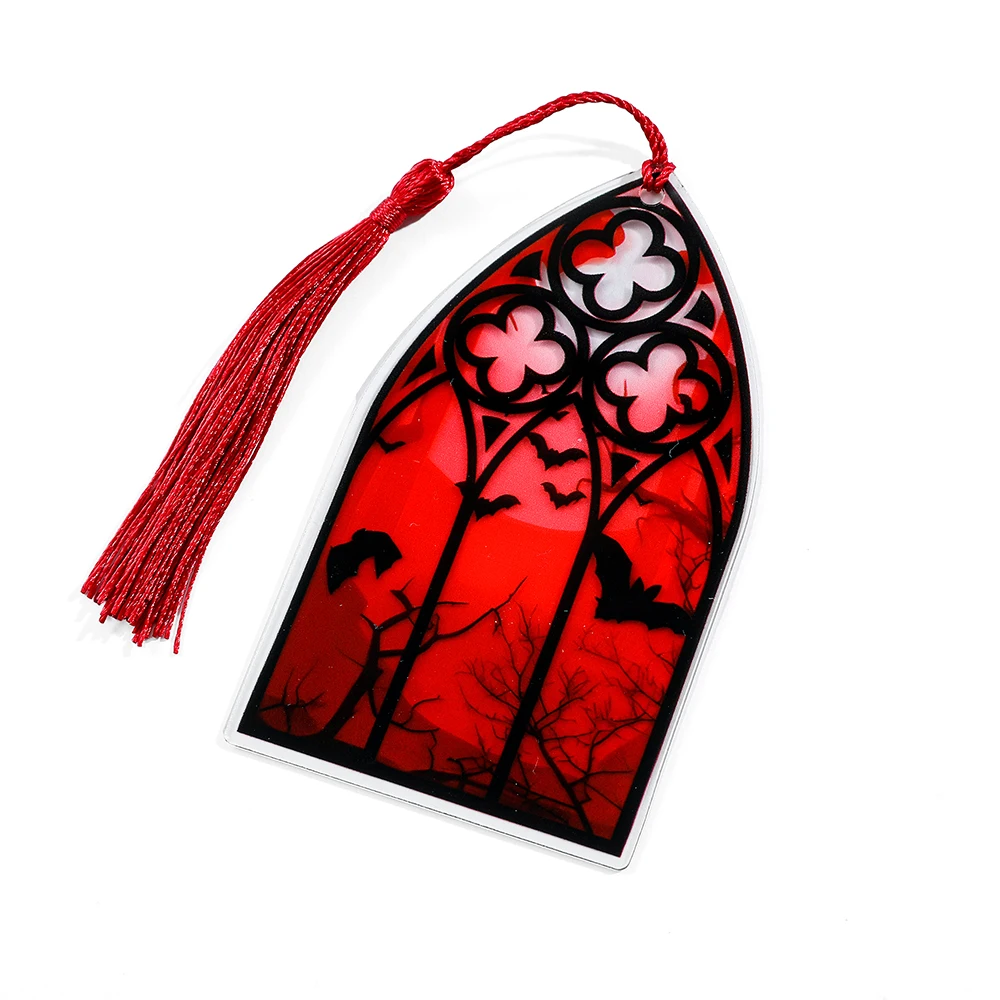 قطعة واحدة من الإشارة المرجعية الحمراء القرمزية، علامة مرجعية الخفافيش السوداء مع شرابة حمراء، هدية مثالية للمخوف أو عشاق القوطية #4