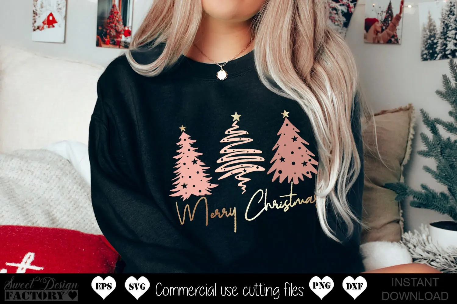 2023 New Hot Sale Cute Christmas Women Sweatshirt Marry Christmas Individuality Slogan Sweater Cotton Pink Christmas Tree Tops