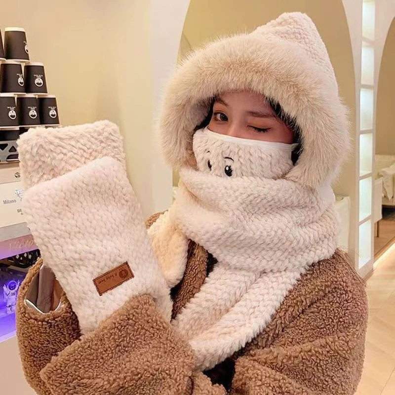 

Winter Plush One Piece Hat for Women Cute Bear Embroidery Hats Scarf Gloves Mask Sets Outdoor Warm Thicken Windproof Bonnet Suit