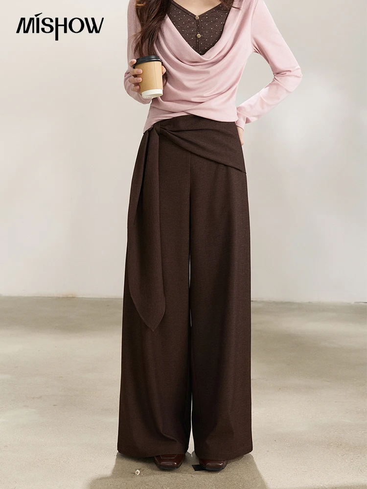 

MISHOW Women's High Waist Wide Leg Pants 2026 Spring Tie Waist Wrap Design Casual Loose Brown Trousers Office Lady MXF14K1205