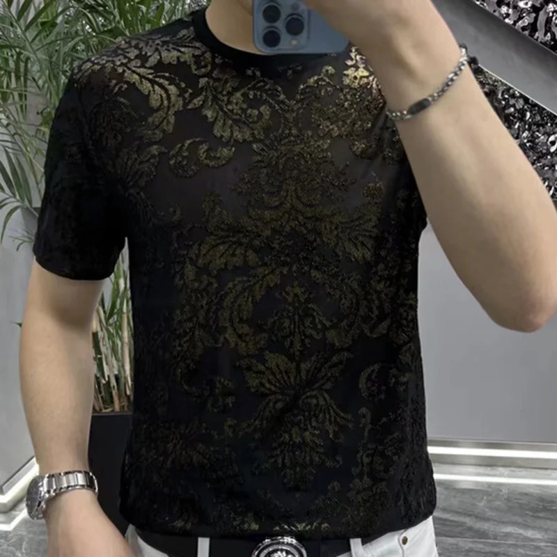 

2023 Men's T-shirt Short Sleeve Ice Silk Hollow Fashion Brand Casual Korean Fit T-shirt Summer New Short Sleeve Top Clothing