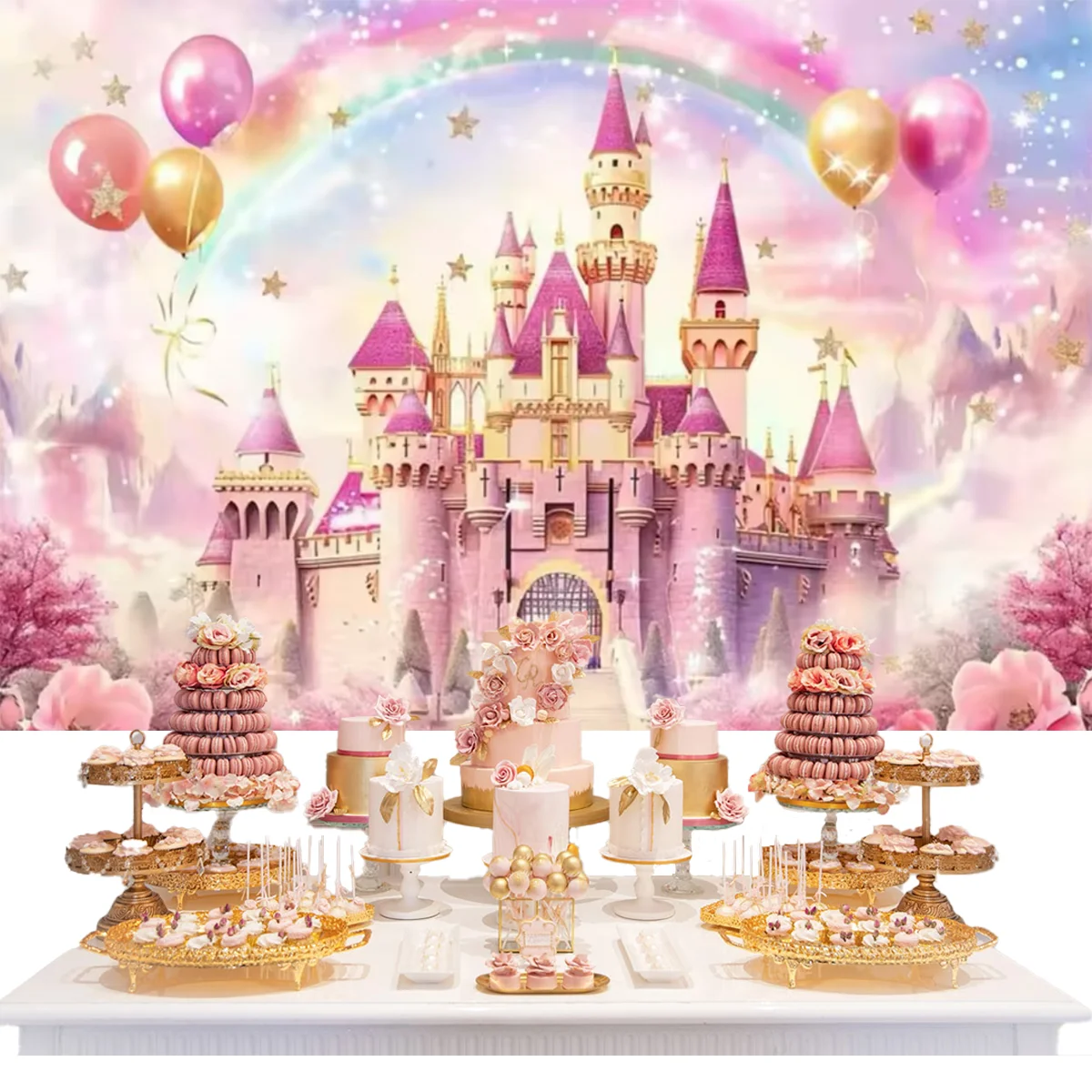 Flower Fairy Tale Rainbow Castle Theme Dream Princess Birthday Party Background Decoration Girl Baby Bath Photography Background