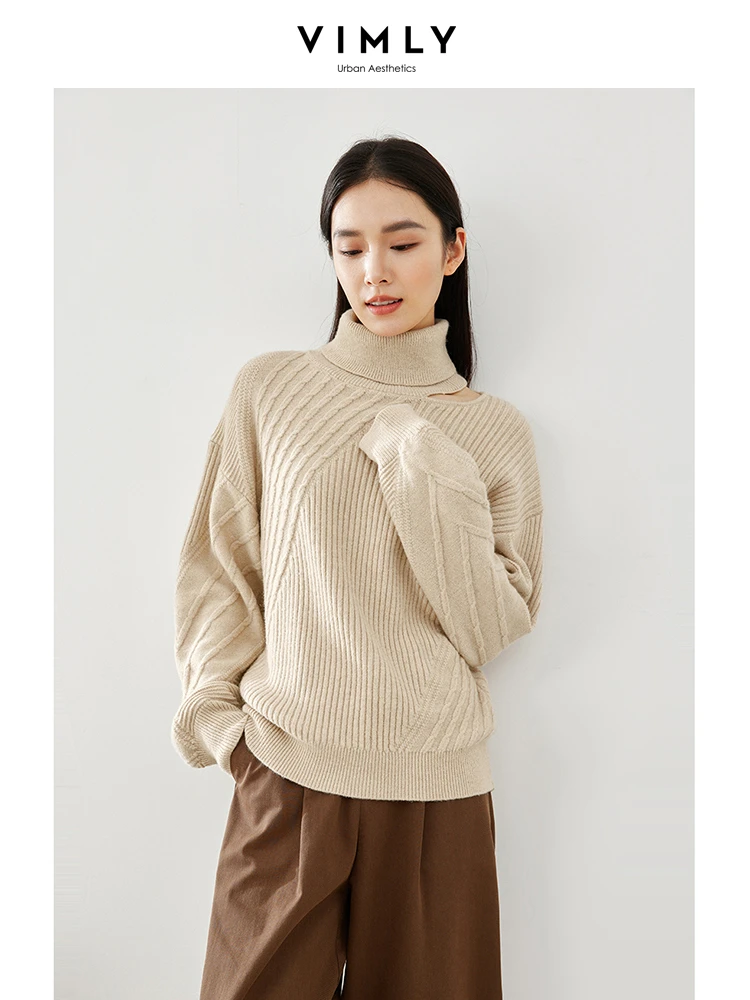 Vimly Turtleneck Hollow Out Knitted Sweater 2023 Winter Thick Warm Loose Pullovers High Strecth Female Jumpers Knitwear 72620