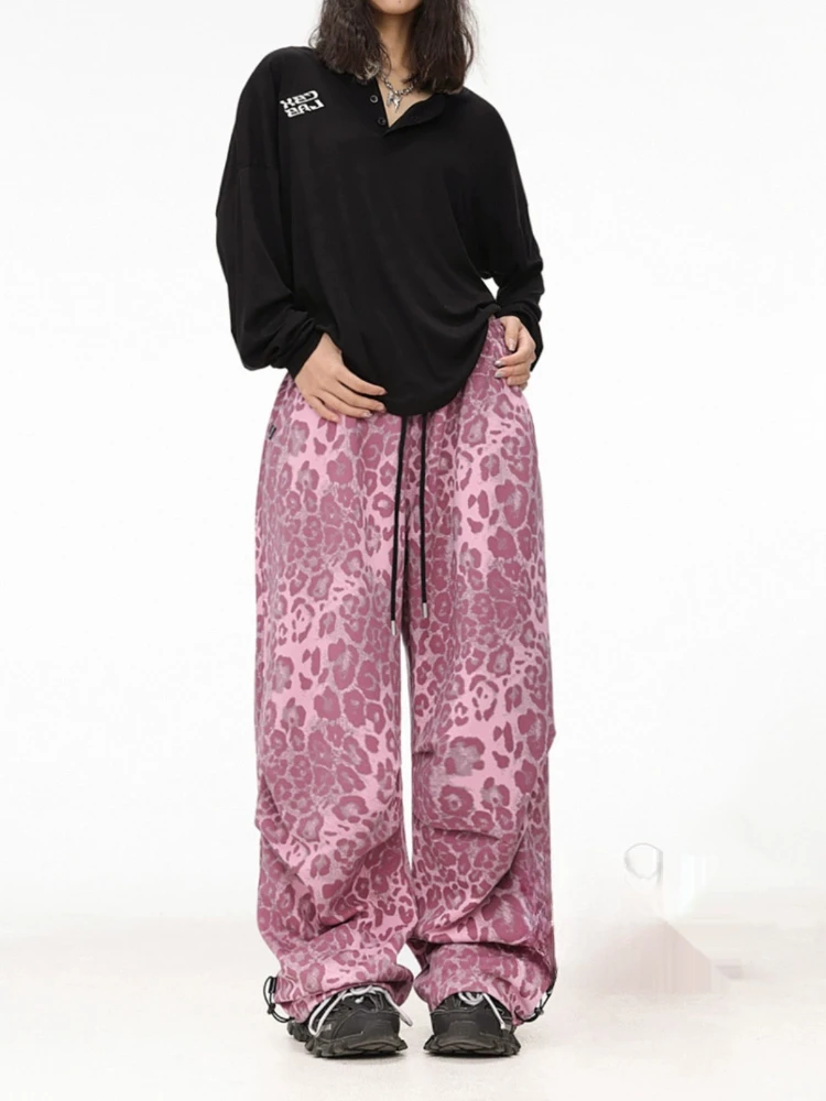 

ADAgirl Pink Leopard Parachute Pants Women Hip Hop Vintage Baggy Sports Wide Leg Trousers 2000s High Waist Korean Y2k Streetwear