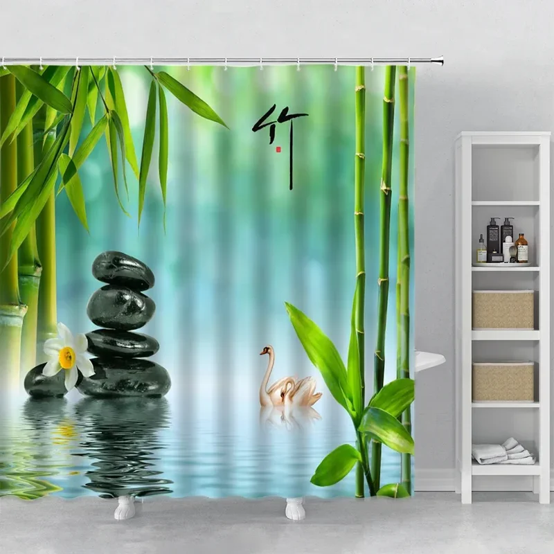 Zen Shower Curtain Black Stone Green Bamboo Orchid Creek Water Spa Spring Natural Scenery Bathroom Decor Bath Curtains Polyester