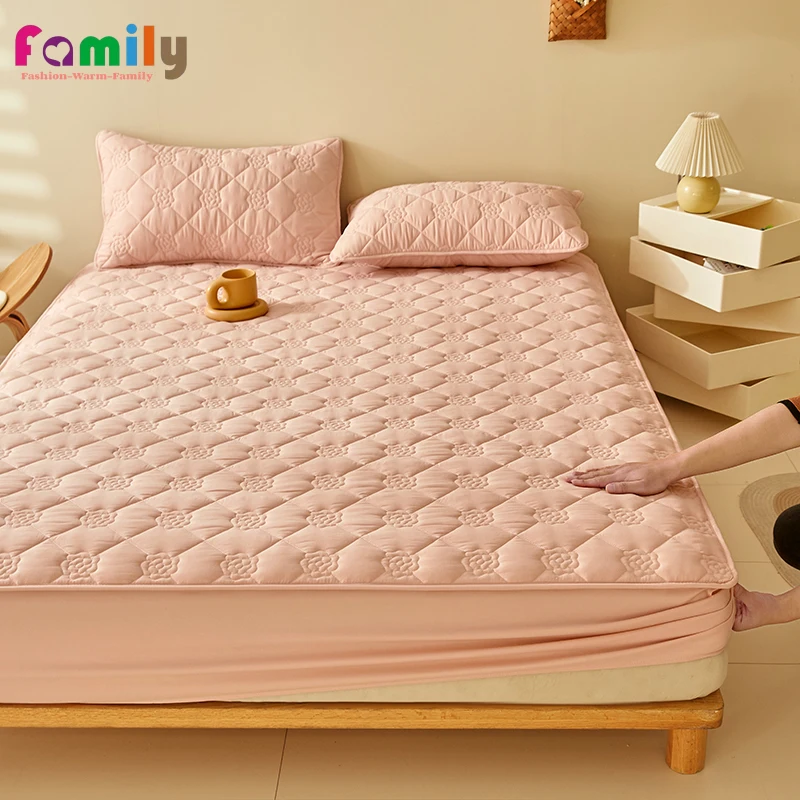 Solid Color Clip Cotton Quilted Embossed Mattress Protector Cover Thick Soft Fitted Bed Sheet Machine Wash Decor(No Pillowcase)