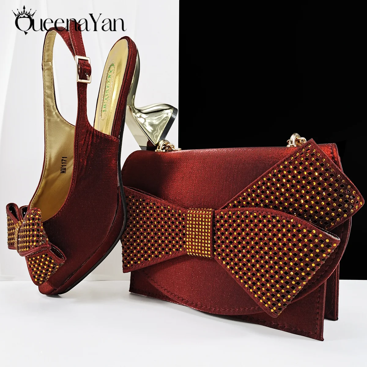 

Queena Yan New Arrival Mature Style Wine Color Lady Peep Toe Shoes with Unique heel design and Bag Set for Party Wedding