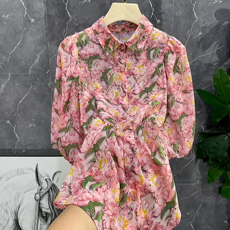 

Ele Silk irt with Floral Print And Bubble Sves Ladylike Collar Single Button Closure ort Sve Straight Cut