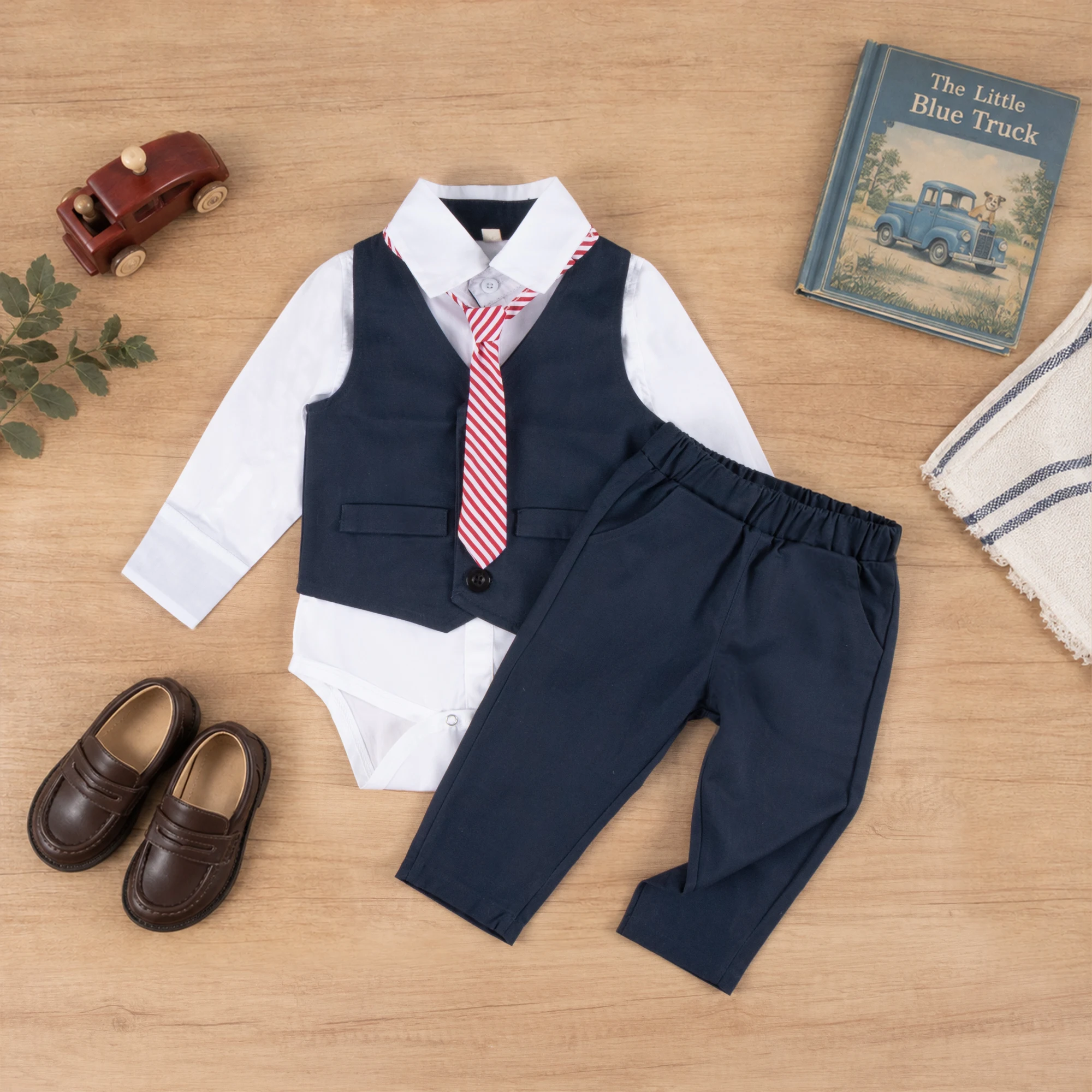 9-36M Baby Boys Cotton Formal Outfit Set Navy Blue Vest Suit Gentleman Spring Autumn Toddler Wedding Birthday Party Clot