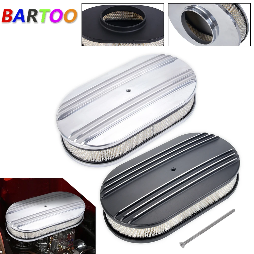 12X2 Inch Oval Full Finned Polished Aluminum Air Cleaner with Washable Filterfor Ford, Chevy, Mopar  OFI196