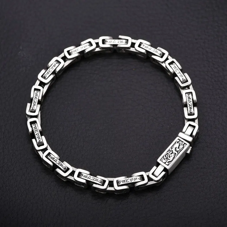 S925 sterling silver men's six word truth bracelet dyed black to make old country fashion original design fashionable silver cha