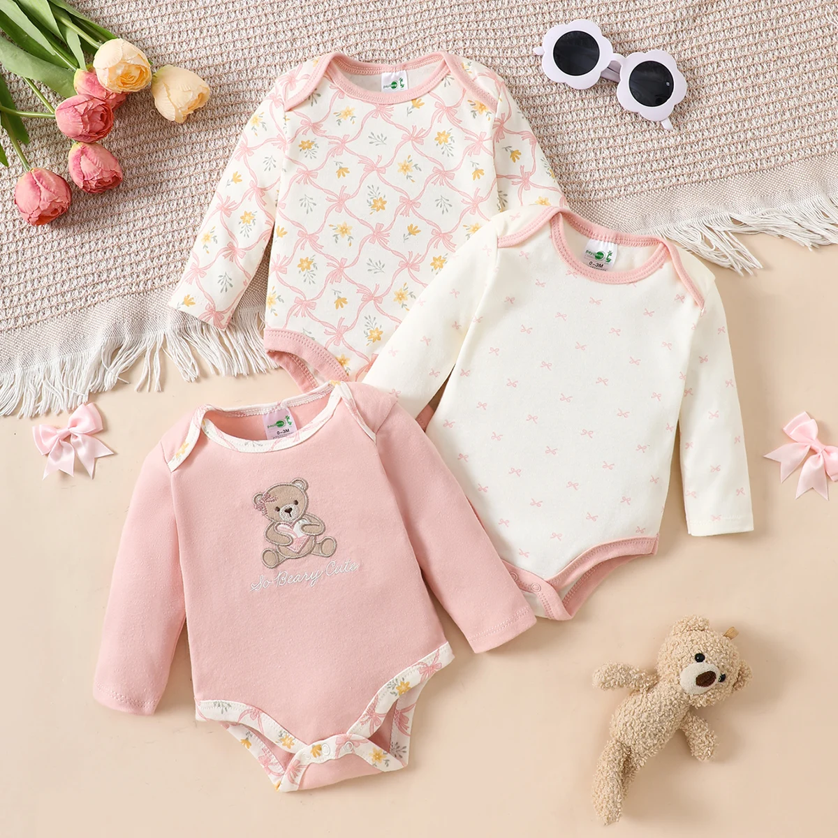 3PCS Baby girl onesie New style baby girl clothes Spring/Autumn long-sleeved onesie Cotton fabric Suitable for 0-9months
