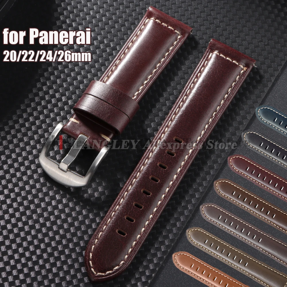 Handmade Cowhide Leather Strap 20mm 22mm 24mm 26mm for Panerai for Omega Oil Waxed Genuine Leather Vintage Men's Sport Bracelets