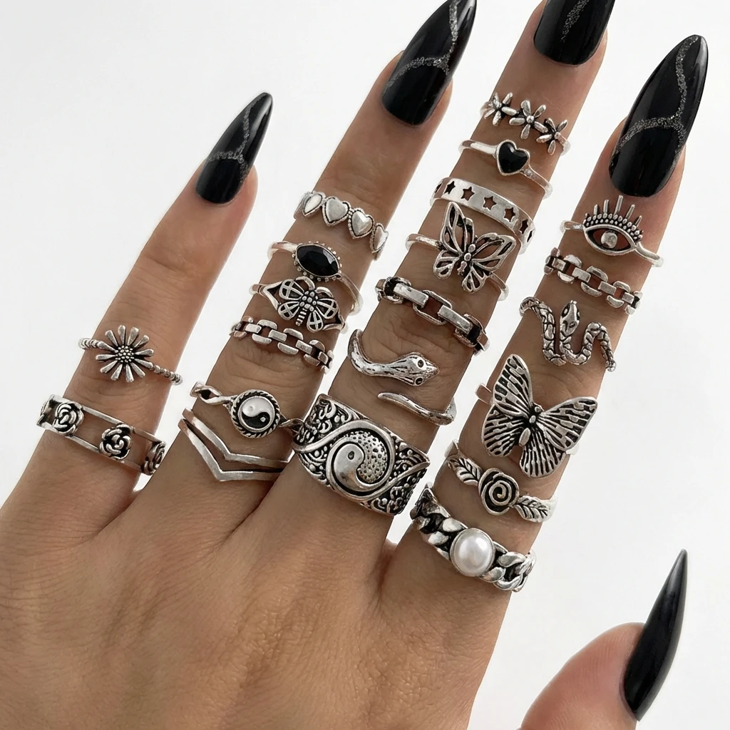 Juego de Anillos Vintage con Acabado Antiguo | Juego de 21 Piezas de Estilo Gótico | Anillos Apilables con Símbolos de Mariposa, Serpiente y Yin Yang
