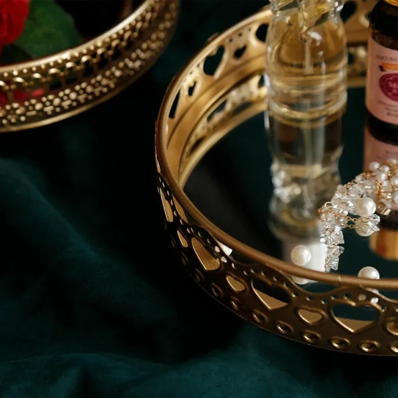 Golden Color Delicate Jewelry Storage Tray Glass Mirror Base Bedroom Desktop Perfume Box Cosmetic Decorative 1Pc