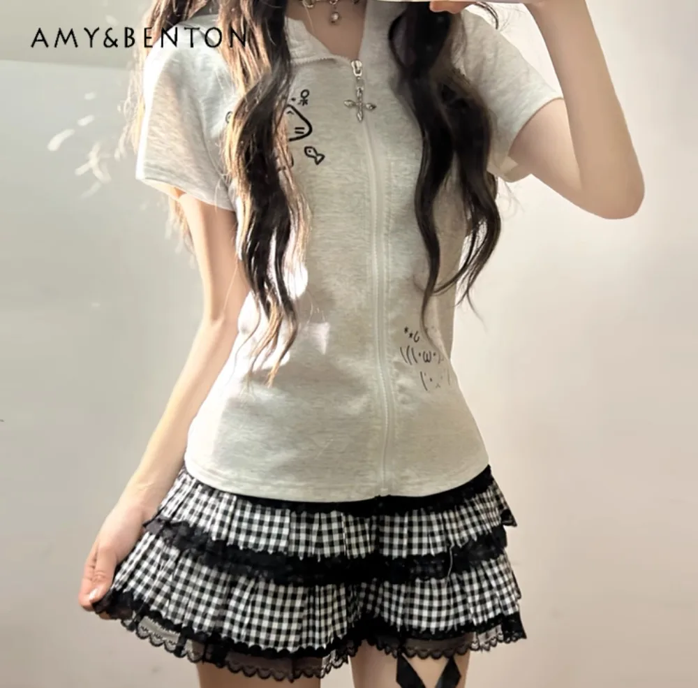 2025 Summer Cute Hot Girl Slim Fit Subculture T-Shirt Women Cat Ear Hooded Short Sleeve Jacket Black Versatile Short Skirt