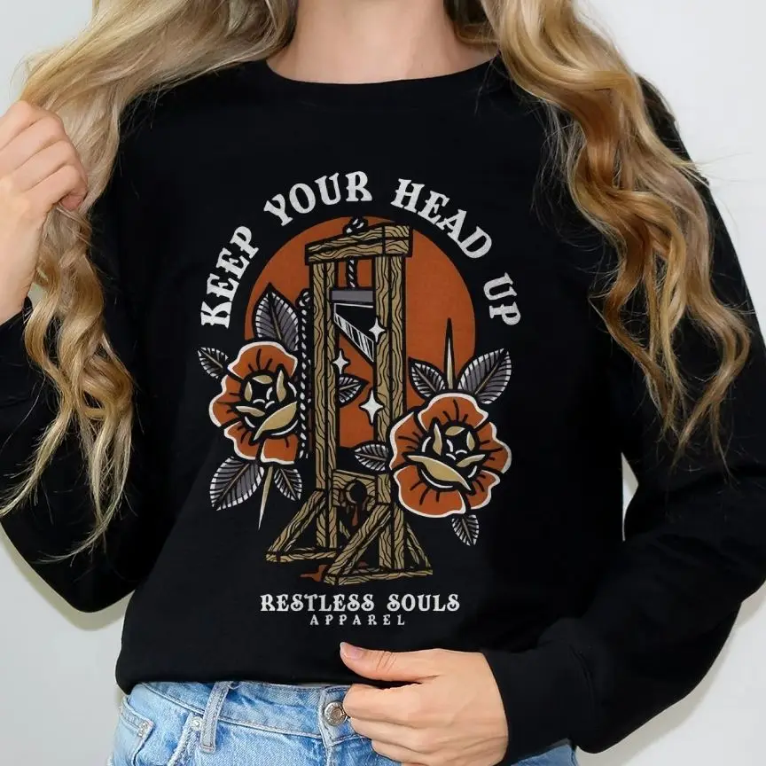 

Retro Vintage Sweatshirt Aesthetic Graphic Hoodies Y2K Tops Casual Daily Wear Unisex Versatile Stylish Pullover Keep Head Up