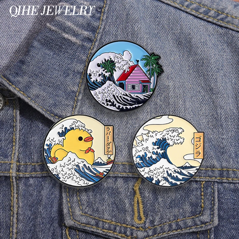 Klassische japanische Anime-Stil Emaille Pins Kanagawa Ukiyo-e Stil The Great Wave Duck Broschen Kleidung Revers Abzeichen Schmuck Geschenke
