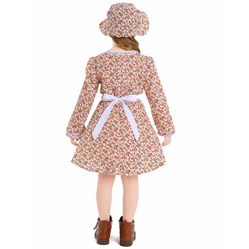3 pçs/set floral colonial fazenda aldeia menina cosplay traje pioneiro pradaria vestido bonnet crianças meninas 4-16y adolescentes