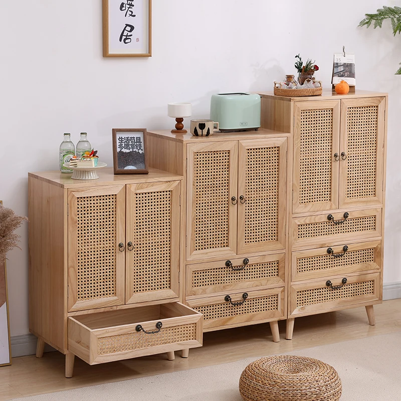 Natural Rattan Storage Cabinet Living Room Wood Meal Side Cabinet Multifunctional Kitchen Cabinet Retro Handle Home Furniture