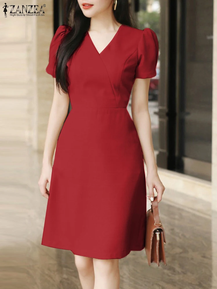 Women Smmer Dress Stylish A Line Dresses Elegant OL Work Sundress ZANZEA Fashion Short Sleeve Slim Fit Party Vestidos Female