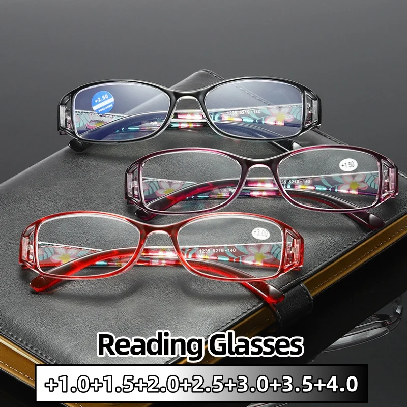

Women's Elegant Print of Flowers Reading Glasses Blue Light Blocking Ultra Light Comfortable HD Clear Lens Far Sight Eyeglasses