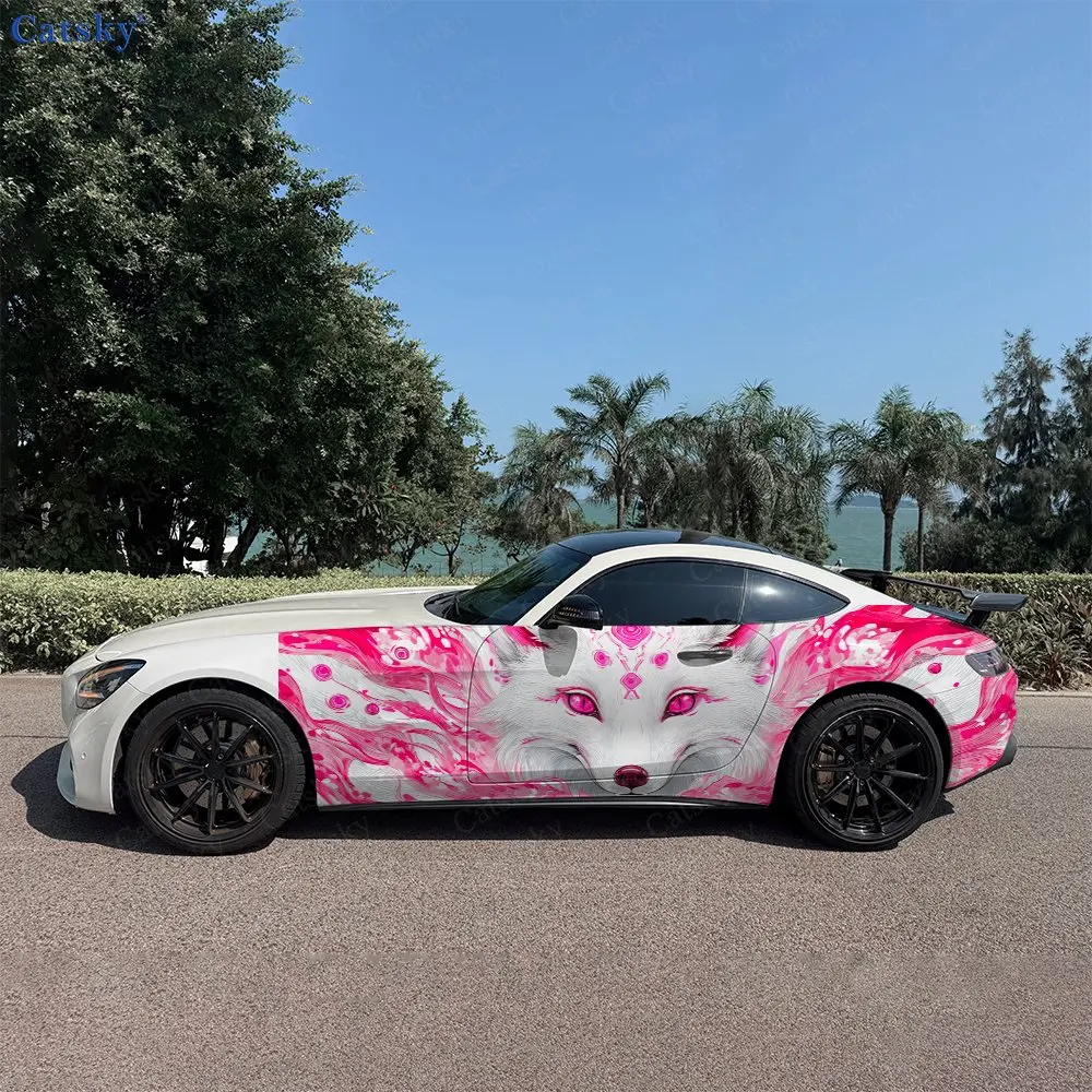 2pcs Oriental Spirit Fox Pattern Car Side Wraps, Self-Adhesive PVC Waterproof & Scratch-Resistant Stickers, Car Accessory Gift