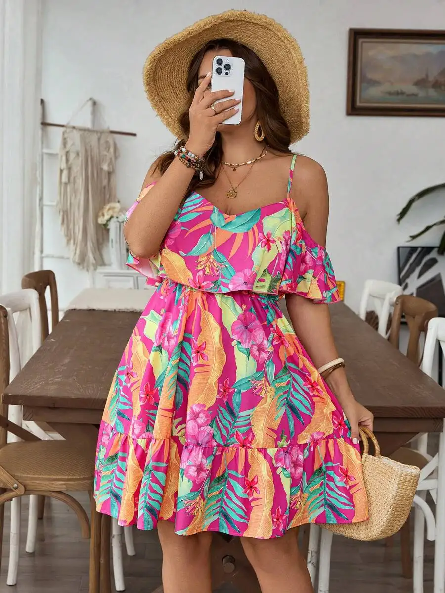 

Colorful Tropical Print Spaghetti Strap Off Shoulder Dress For Women