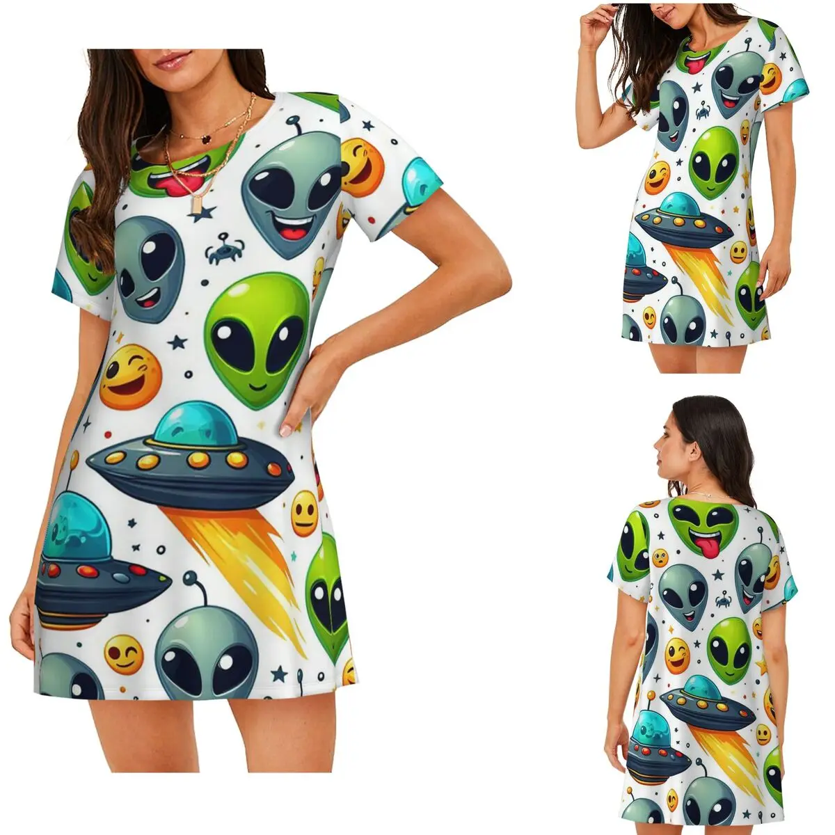 

Green Alien And UFO Pattern Short Sleeves Nightdress For Sleeping Sleepshirts Women Short Sleeve Nightgowns Loose Pajama Dress